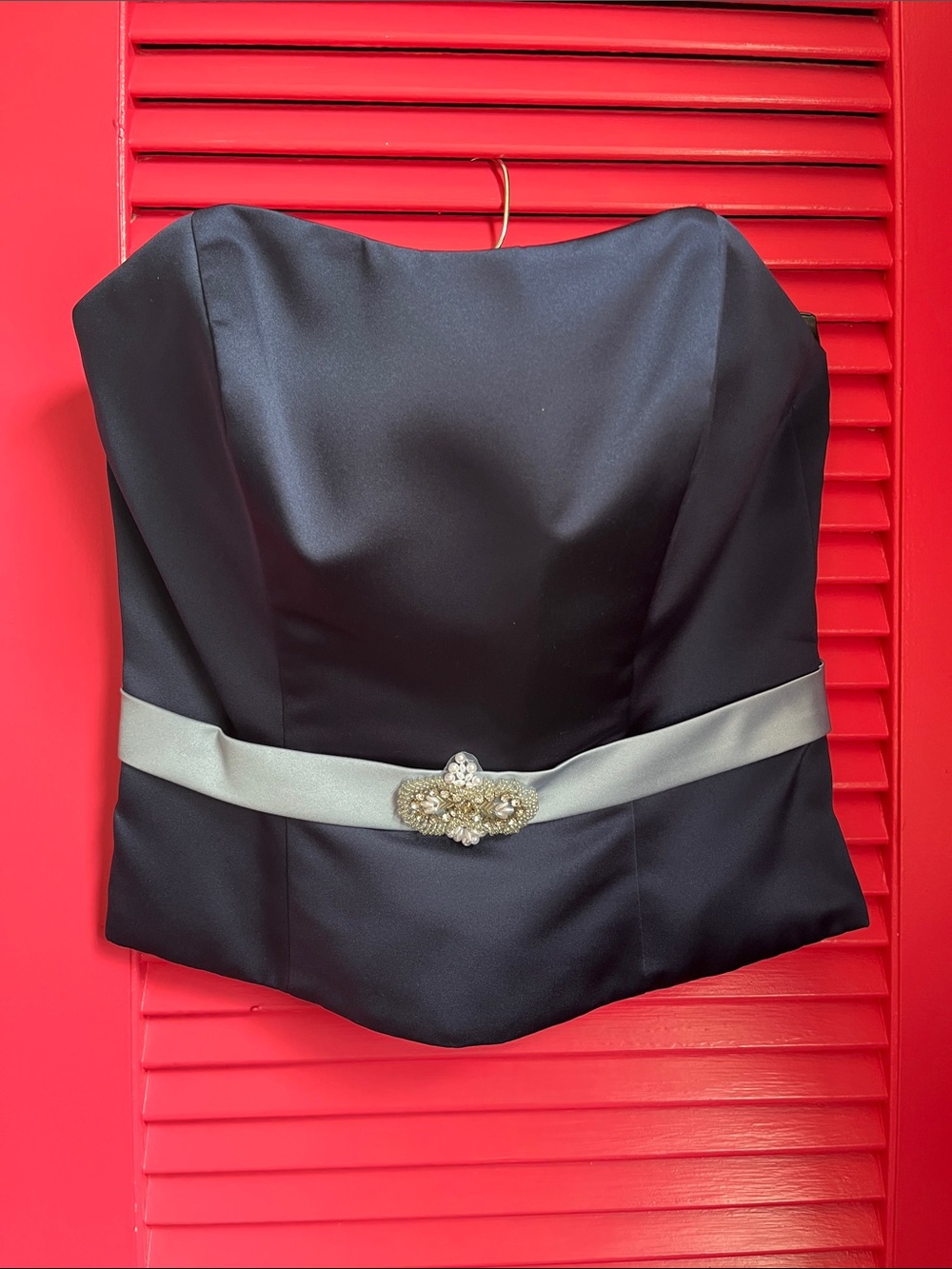 Alfred Angelo Navy Strapless Satin Bustier with Silver Belt